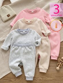 SHEIN Vintaside Kids 3件組女嬰連身衣包屁衣，甜美粉色、米色、灰色，毛絨內裡，露肩長袖圓領加厚款，適合戶外秋季聖誕公主風，羅紋飾邊 - 彩色 - 查看 1