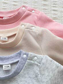 SHEIN Vintaside Kids 3件組女嬰連身衣包屁衣，甜美粉色、米色、灰色，毛絨內裡，露肩長袖圓領加厚款，適合戶外秋季聖誕公主風，羅紋飾邊 - 彩色 - 查看 7