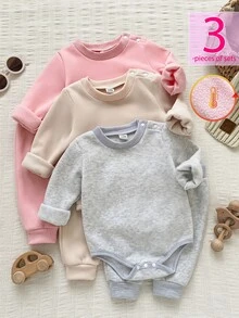 SHEIN Vintaside Kids 3件組女嬰連身衣包屁衣，甜美粉色、米色、灰色，毛絨內裡，露肩長袖圓領加厚款，適合戶外秋季聖誕公主風，羅紋飾邊 - 彩色 - 查看 3
