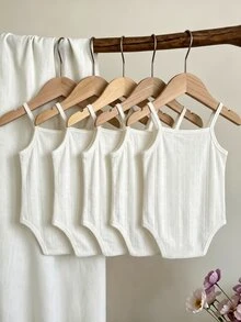 SHEIN Vintaside Kids 5件組女嬰可愛甜美純白色羅紋紋理細肩帶方領輕便度假海灘夏季假期芭蕾風連身衣 - 白色 - 查看 2
