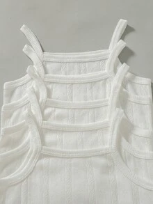 SHEIN Vintaside Kids 5件組女嬰可愛甜美純白色羅紋紋理細肩帶方領輕便度假海灘夏季假期芭蕾風連身衣 - 白色 - 查看 9