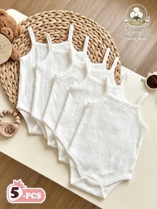 SHEIN Vintaside Kids 5件組女嬰可愛甜美純白色羅紋紋理細肩帶方領輕便度假海灘夏季假期芭蕾風連身衣 - 白色 - 查看 4