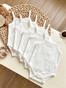 SHEIN Vintaside Kids 5件組女嬰可愛甜美純白色羅紋紋理細肩帶方領輕便度假海灘夏季假期芭蕾風連身衣 - 白色 - 查看 5