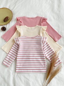 SHEIN Vintaside Kids 3件組女嬰T恤長褲套裝，甜美粉色奶油色羅紋，荷葉袖長袖圓領，休閒款，適合假期、秋季、生日，芭蕾風 - 彩色 - 查看 2