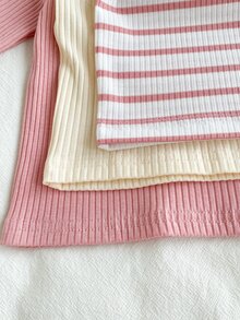 SHEIN Vintaside Kids 3件組女嬰T恤長褲套裝，甜美粉色奶油色羅紋，荷葉袖長袖圓領，休閒款，適合假期、秋季、生日，芭蕾風 - 彩色 - 查看 8