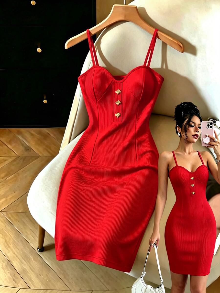 Franclia Slim Fit Metal Buckle Decor Spaghetti Strap Women's Dress - Red - View 1