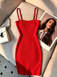 Franclia Slim Fit Metal Buckle Decor Spaghetti Strap Women's Dress - Red - View 2