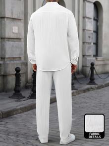 Manfinity Homme 中式白色泡泡紋理男士兩件套，立領長袖抽繩襯衫搭配直筒長褲，休閒度假風格穿搭 - 白色 - 查看 2