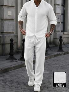 Manfinity Homme 中式白色泡泡紋理男士兩件套，立領長袖抽繩襯衫搭配直筒長褲，休閒度假風格穿搭 - 白色 - 查看 1