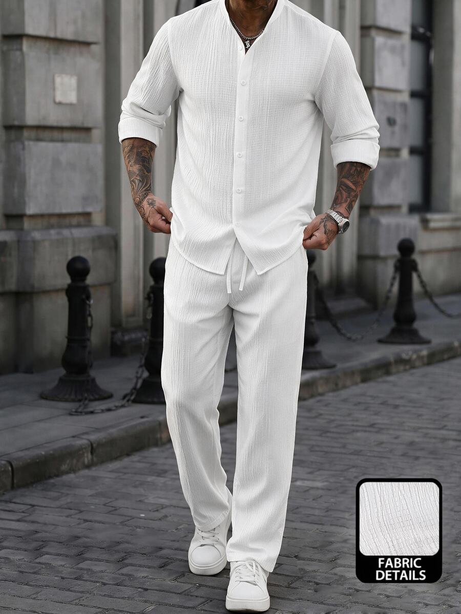 Manfinity Homme 中式白色泡泡紋理男士兩件套,立領長袖抽繩襯衫搭配直筒長褲,休閒度假風格穿搭 - 白色 - 查看 1