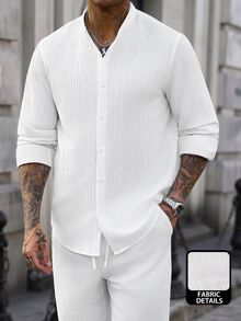 Manfinity Homme 中式白色泡泡紋理男士兩件套，立領長袖抽繩襯衫搭配直筒長褲，休閒度假風格穿搭 - 白色 - 查看 7