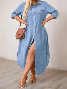 EMERY ROSE Plus Size Solid Color Front-Breasted Loose Casual Dress Maxi Women Outfit Fall Cloth For Women - Baby Blue - View 4