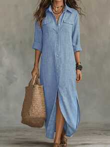 EMERY ROSE Plus Size Solid Color Front-Breasted Loose Casual Dress Maxi Women Outfit Fall Cloth For Women - Baby Blue - View 1