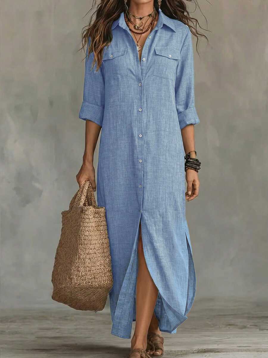 EMERY ROSE Plus Size Solid Color Front-Breasted Loose Casual Dress Maxi Women Outfit Fall Cloth For Women - Baby Blue - View 1