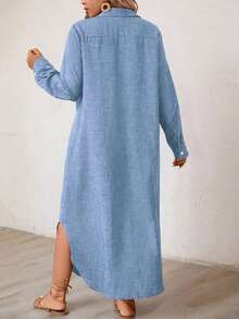 EMERY ROSE Plus Size Solid Color Front-Breasted Loose Casual Dress Maxi Women Outfit Fall Cloth For Women - Baby Blue - View 2
