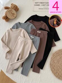 SHEIN Vintaside Kids 女嬰秋冬休閒百搭極簡舒適抓絨內裡加厚針織素色打底褲 4件套，適合日常休閒穿著、外出、上學 - 彩色 - 查看 1