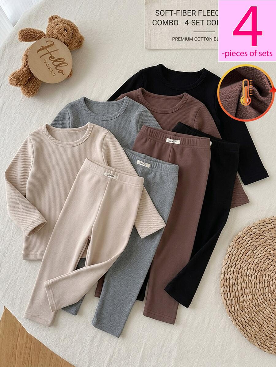 SHEIN Vintaside Kids 女嬰秋冬休閒百搭極簡舒適抓絨內裡加厚針織素色打底褲 4件套，適合日常休閒穿著、外出、上學 - 彩色 - 查看 1