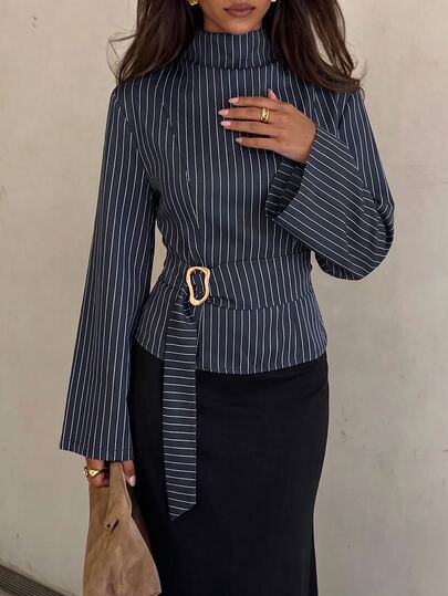Lucivie Women's Elegant Casual French Daily Shirt Dark Navy Thin White Vertical Stripe Cowl Draped Collar Wide Flare Sleeves Buckle Waist Belt Casual Street