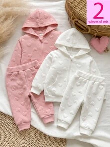 Vintaside Kids 2pcs Baby Girl Zip Up Sweatshirt Jacket Cute Sweet Pink White Embossed Heart Pattern Long Sleeve Hooded Regular Birthday Fall Holiday Christmas Textured - Multicolor - View 3