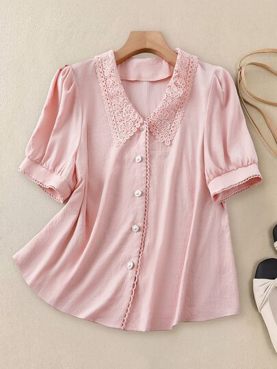 EMERY ROSE Plus Size Women's Fashionable Elegant Single-Breasted Short Sleeve Shirt, Summer