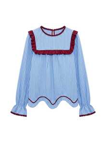 Nöista Blue Striped Blouse With Contrast Red Piping And Scallop Hem. Fall Winter, Casual, Everyday. - Blue - View 9