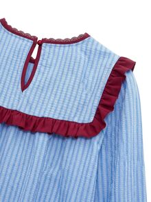 Nöista Blue Striped Blouse With Contrast Red Piping And Scallop Hem. Fall Winter, Casual, Everyday. - Blue - View 12