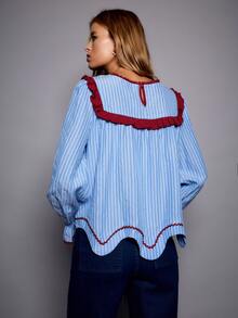 Nöista Blue Striped Blouse With Contrast Red Piping And Scallop Hem. Fall Winter, Casual, Everyday. - Blue - View 5