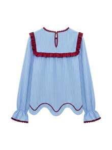 Nöista Blue Striped Blouse With Contrast Red Piping And Scallop Hem. Fall Winter, Casual, Everyday. - Blue - View 10
