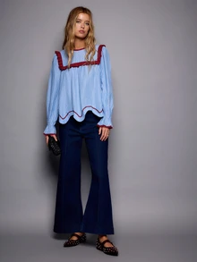 Nöista Blue Striped Blouse With Contrast Red Piping And Scallop Hem. Fall Winter, Casual, Everyday. - Blue - View 3