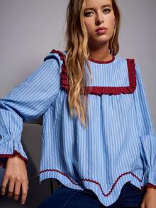 Nöista Blue Striped Blouse With Contrast Red Piping And Scallop Hem. Fall Winter, Casual, Everyday. - Blue - View 2