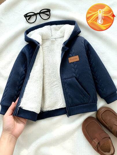 SHEIN Playful Pals Boys' Casual Geometric Pattern Fabric Letter Patch Hooded Zip-Up Long Sleeve Sweatshirt, Thermal Lined, Comfortable Minimalist, Autumn/Winter