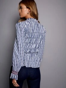 Nöista Gingham Blouse With Smocked Bodice And Embroidery. Fall Winter, Office, Everyday, Christmas. - Blue - View 4