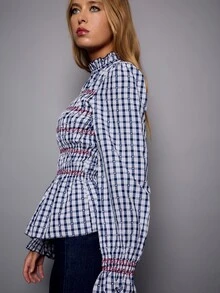 Nöista Gingham Blouse With Smocked Bodice And Embroidery. Fall Winter, Office, Everyday, Christmas. - Blue - View 2