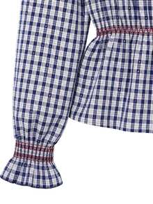 Nöista Gingham Blouse With Smocked Bodice And Embroidery. Fall Winter, Office, Everyday, Christmas. - Blue - View 9