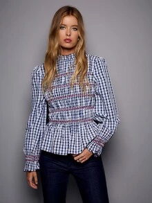 Nöista Gingham Blouse With Smocked Bodice And Embroidery. Fall Winter, Office, Everyday, Christmas. - Blue - View 1