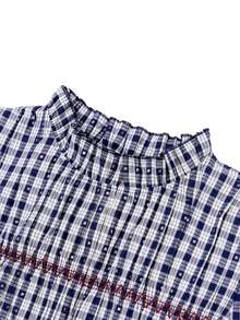 Nöista Gingham Blouse With Smocked Bodice And Embroidery. Fall Winter, Office, Everyday, Christmas. - Blue - View 10