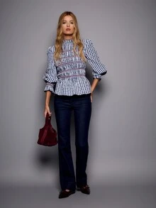 Nöista Gingham Blouse With Smocked Bodice And Embroidery. Fall Winter, Office, Everyday, Christmas. - Blue - View 6