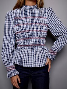 Nöista Gingham Blouse With Smocked Bodice And Embroidery. Fall Winter, Office, Everyday, Christmas. - Blue - View 5