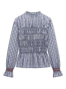 Nöista Gingham Blouse With Smocked Bodice And Embroidery. Fall Winter, Office, Everyday, Christmas. - Blue - View 8