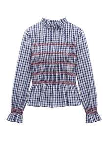 Nöista Gingham Blouse With Smocked Bodice And Embroidery. Fall Winter, Office, Everyday, Christmas. - Blue - View 7