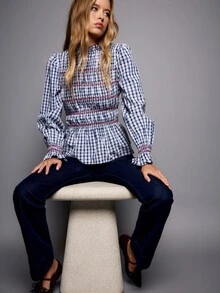 Nöista Gingham Blouse With Smocked Bodice And Embroidery. Fall Winter, Office, Everyday, Christmas. - Blue - View 3