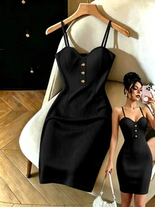 Franclia Gaun Terusan Bodycon Wanita Elegan, Chic, Minimalis, Warna Polos, Model Bustier dengan Jahitan dan Dekorasi Gesper Logam - Hitam - View 1