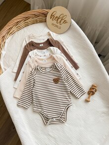 Vintaside Kids 5 Set Baju Terusan dan Celana Bayi Baru Lahir Perempuan dan Laki-laki, Lucu dan Manis, Rajutan Bergaris Krem Cokelat, Motif Beruang, Lengan Panjang, Leher Bulat, Cocok untuk Liburan Musim Dingin dan Gugur - MultiWarna - View 6
