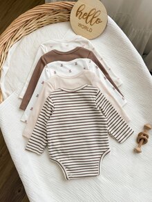 Vintaside Kids 5 Set Baju Terusan dan Celana Bayi Baru Lahir Perempuan dan Laki-laki, Lucu dan Manis, Rajutan Bergaris Krem Cokelat, Motif Beruang, Lengan Panjang, Leher Bulat, Cocok untuk Liburan Musim Dingin dan Gugur - MultiWarna - View 2