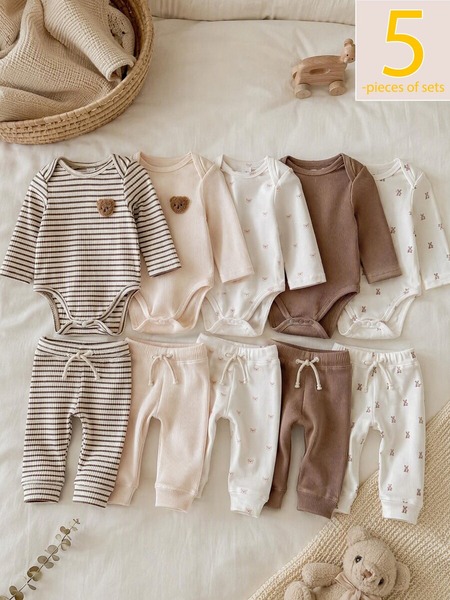 Vintaside Kids 5 Set Baju Terusan dan Celana Bayi Baru Lahir Perempuan dan Laki-laki, Lucu dan Manis, Rajutan Bergaris Krem Cokelat, Motif Beruang, Lengan Panjang, Leher Bulat, Cocok untuk Liburan Musim Dingin dan Gugur - MultiWarna - View 1