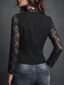 LUMIGAL 女款法式優雅黑色鈕扣蕾絲拼接長袖外套，冬季外衣，適用聖誕節、萬聖節、新年派對及日常通勤場合 - 黑色 - 查看 2