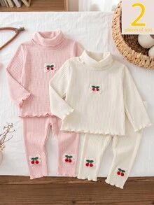 SHEIN Vintaside Kids 2件組女嬰上衣褲子套裝，甜美可愛粉色奶油櫻桃蝴蝶結荷葉邊長袖高領羅紋，生日派對秋季聖誕節假期穿搭 - 彩色 - 查看 1