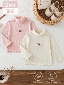 SHEIN Vintaside Kids 2件組女嬰上衣褲子套裝，甜美可愛粉色奶油櫻桃蝴蝶結荷葉邊長袖高領羅紋，生日派對秋季聖誕節假期穿搭 - 彩色 - 查看 3