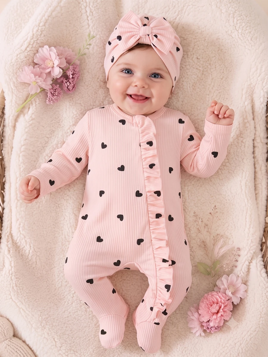 SHEIN 2Pcs Newborn Baby Girl Cute Sweet Pink Heart Print Ruffle Long Sleeve Footed Jumpsuit Hat Set For Daily All Season Spring Autumn