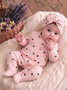 SHEIN 2Pcs Newborn Baby Girl Cute Sweet Pink Heart Print Ruffle Long Sleeve Footed Jumpsuit Hat Set For Daily All Season Spring Autumn - Dusty Pink - View 4